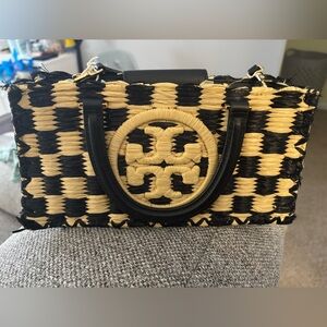 Tory Burch Black and Tan ELLA HAND-CROCHETED EAST-WEST TOTE